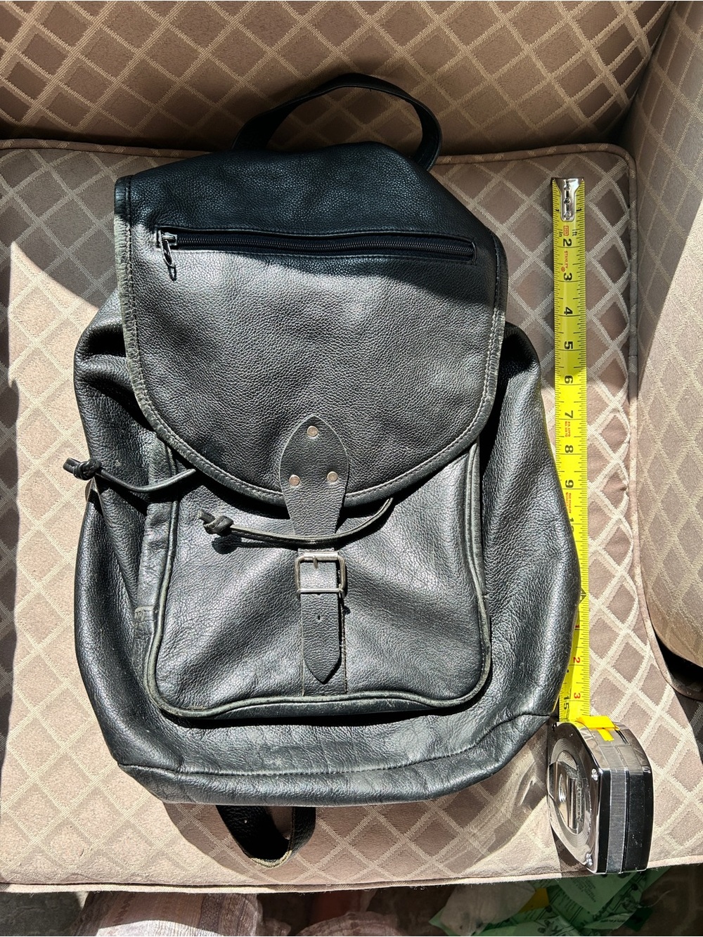 Vintage Black Leather Drawstring Backpack with Buckle Front